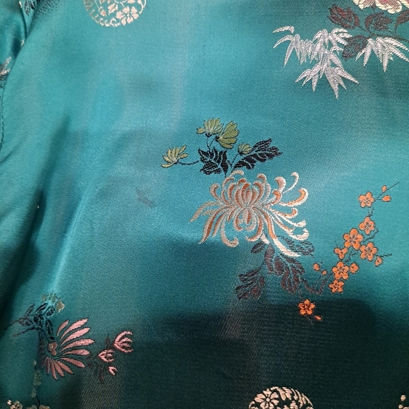 VTG 60's Turquoise Asian Style Chinese Dress/Coat/Robe/Silk Embroidered 44 Flaws - Picture 5 of 13
